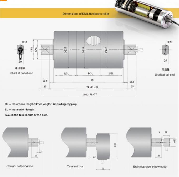 DM138 Voltage 400V 50Hz Motor Drum Belt Conveyor Roller For High Power Conveyors